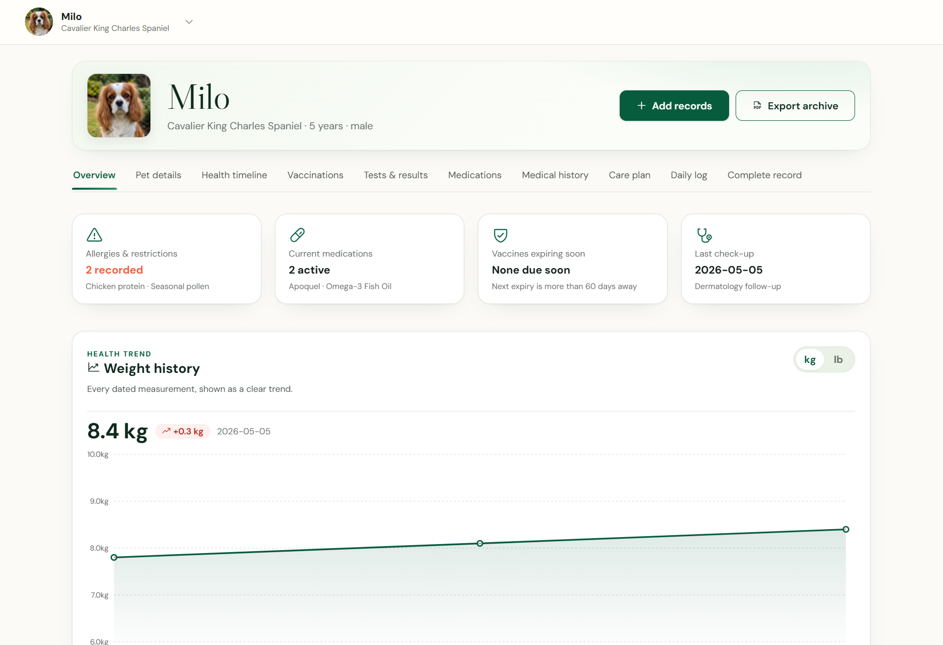 PetMerge demo with a pet health record prepared for boarding